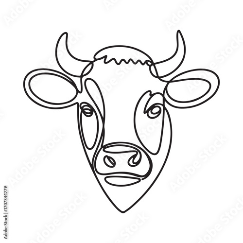 Single continuous line Art drawing of plump cow head for farming logo identity. Mammal animal mascot concept for livestock icon. with white background