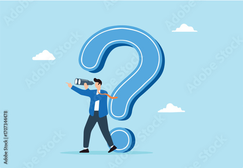 Businessman using binoculars looking for new business ideas from question marks, illustrating curiosity and exploration of unknown. Concept of searching solutions, and seeking opportunities
