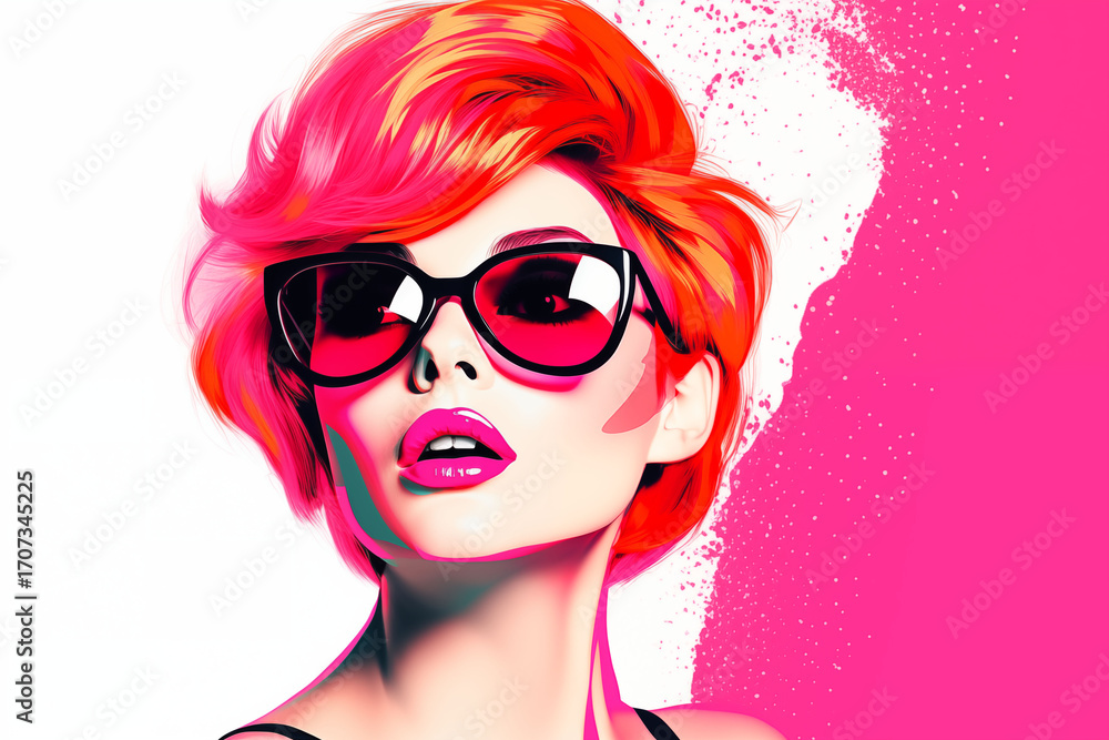 Obraz premium Colorful pop art portrait of a young woman with neon pink accents.