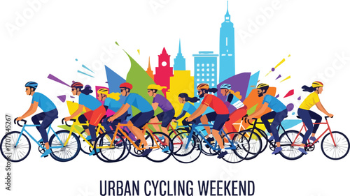 Urban Cycling Weekend Diverse Group Bike Ride in City Skyline
