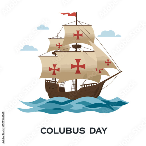 Columbus Day Illustration Sailing Ship with Cross Sails on Blue Waves.