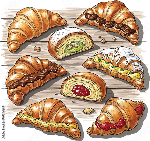 Delicious Croissant Assortment Gourmet Pastries Bakery Food Photography