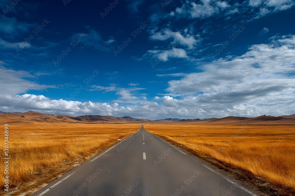 Naklejka premium Endless road through golden plains under blue sky asphalt road