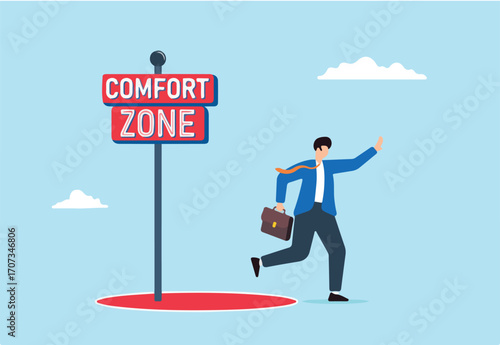 Businessman steps out of comfort zone circle, illustrating initiative to get out of safe zone. Concept of courage, determination, explore new opportunities, and overcome limitations