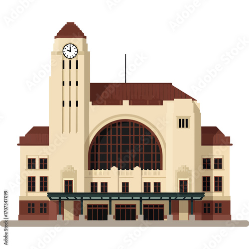 Detailed Illustration of a Grand Train Station Building.
