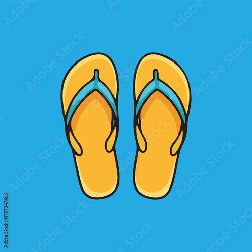 A pair of yellow flip-flops with blue straps, isolated on a light blue background.