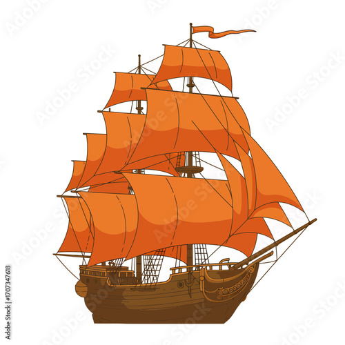 Majestic Galleon with Orange Sails Navigating the Open Sea.