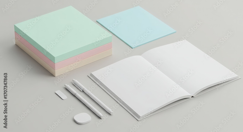 Fototapeta premium Minimalist Workspace with Stationery and Notebooks on Table