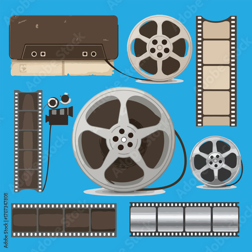 Vintage film and video recording equipment collection; reels, cassette, and film strips.
