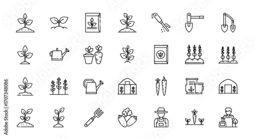 Gardening icons depicting plants, carrots, seeds, tools and farmer for agricultural projects