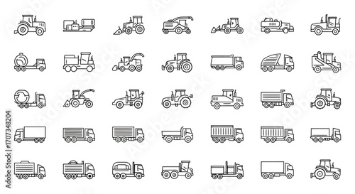 Diverse collection of farm and industrial vehicles, modern line art icons for agriculture and transportation