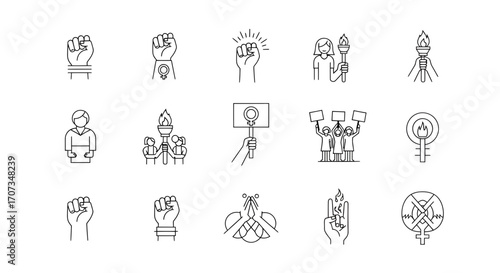 Empowering women's rights icons, equality symbols for social justice advocacy, and feminist movement strength