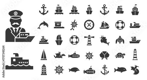Nautical adventure icons set featuring boats, sea animals, and captain suitable for logos & more