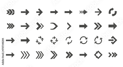 Diverse arrow collection pointing forward, rotating and indicating direction, navigation and movement