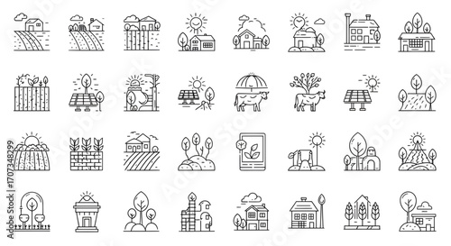Modern sustainable farm icons for eco friendly agriculture and renewable energy future