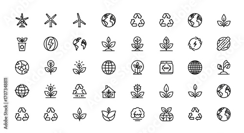 Modern icons illustrating ecology, environmental protection, and renewable energy solutions