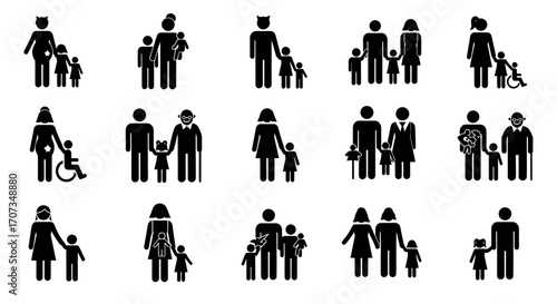 Diverse family icons representing various relationships, generations, and life stages for clear visual communication