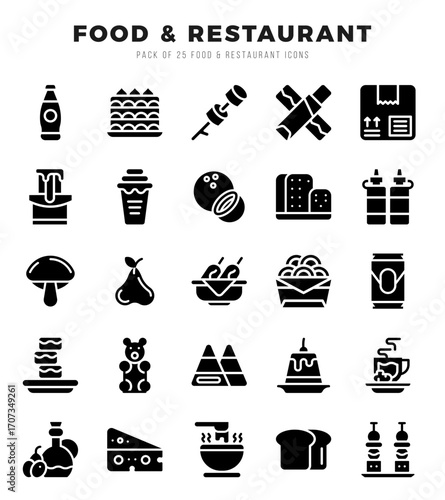 Food and Restaurant Icons Pack. Glyph icons set. Glyph icon collection set.