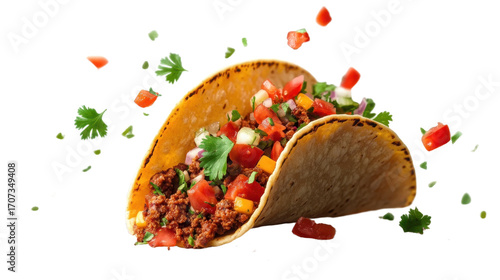 Mexican one taco or tacos flying and falling isolated on white background