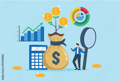 Businessman analyzes financial resources with growth in profit, illustrating financial management. Concept of planning and controlling financial resources to optimize revenue, capital, and credit