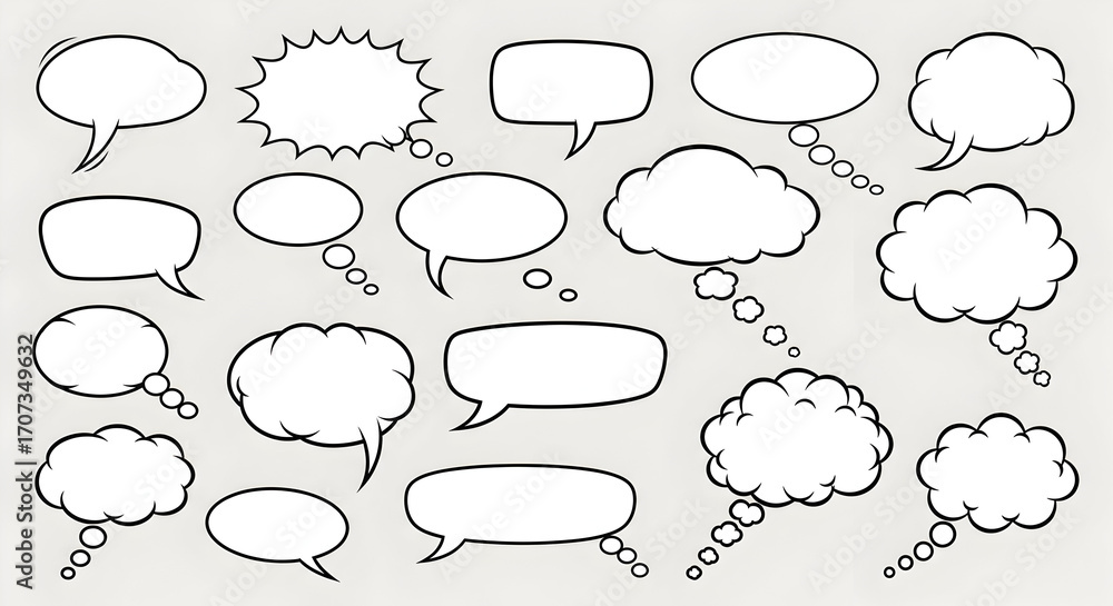 Fototapeta premium Collection of hand drawn speech and thought bubbles in various styles