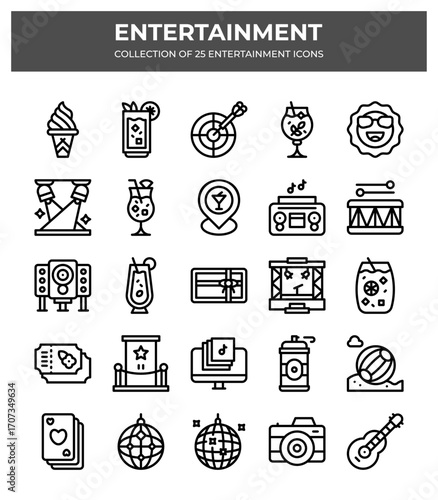 Collection of 25 Entertainment Icons. Party. Music. and Summer Fun