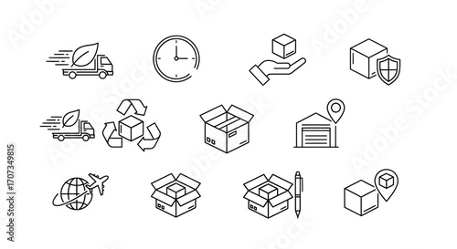 Eco delivery service icons for modern shipping and logistics solutions, fast delivery and secure worldwide