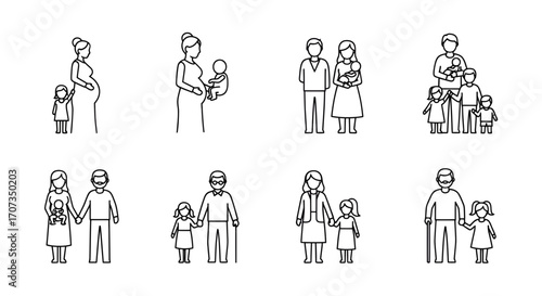 Diverse family unit icons depicting stages of life from pregnancy to elder care and childhood
