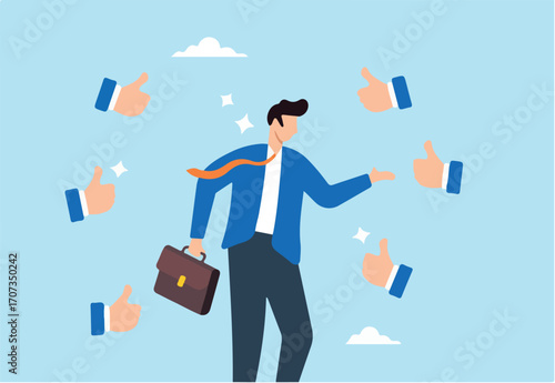 Colleagues respectfully give thumbs up to businessman, acknowledging his help and success. Concept of appreciation and acknowledgment of coworker contributions, signifying respect, honor and gratitude