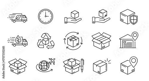 Dynamic delivery icons showcase fast shipping, eco-friendly transport, and global logistics solutions