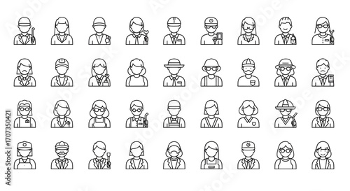 Diverse professional icons representing various careers and roles in a modern, clean style