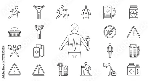 Dynamic health icons represent fitness, medical care, and wellness concepts with modern appeal.