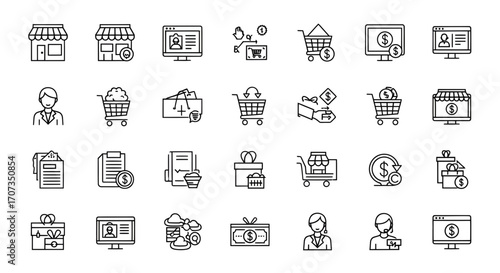 Modern commerce icons for online shopping, retail, and finance, perfect for digital platforms.