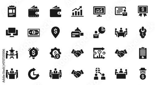 Professional business icons for finance, strategy, and collaboration success, modern design