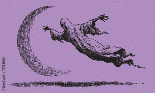 Spooky ghost flying near crescent moon in vintage crayon drawing Halloween style. Purple bg.