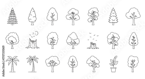 Diverse collection of stylized trees and stumps, perfect for natural themes and eco-friendly designs