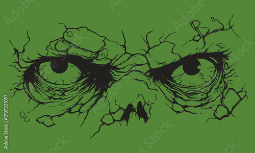 Creepy monster eyes staring with cracked skin texture. Green horror Halloween illustration in line art style.