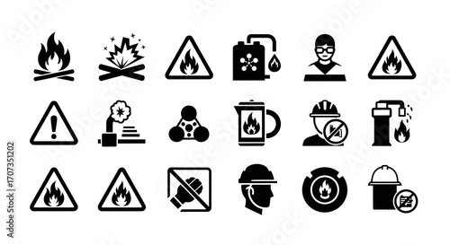 Essential safety icons for fire hazards, warnings, and industrial protection