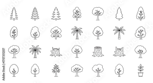 Diverse collection of tree and stump icons for natural design projects