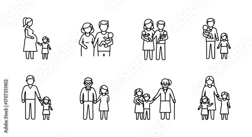 Diverse family life stages depicted with charming line art icons for modern projects