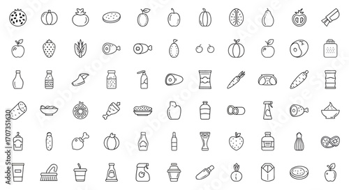 Vibrant collection of food and household icons for modern design projects