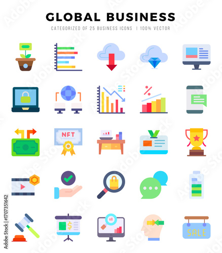 Global Business Icons Pack. Flat icons set. Flat icon collection set. Simple vector icons.