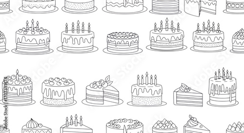 Delightful collection of festive cakes with candles and fruit, perfect for celebrations and bakery themes.