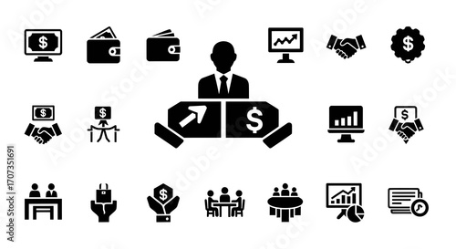 Captivating business icons represent finance, growth, and collaboration for modern commerce