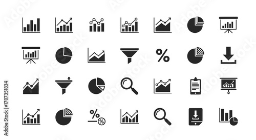 Modern business analytics icons for financial success, data visualization, and strategic growth insights