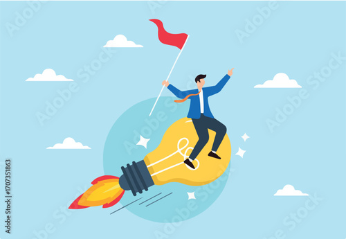 Businessman holds winner flag while riding flying lightbulb idea, illustrating success in business endeavors. Concept of innovative, entrepreneur starting new business, finding solutions
