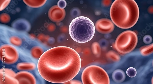 Microscopic view of blood cells flowing, showcasing red blood cells and a prominent white blood cell.