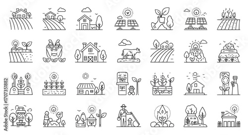 Modern farming and agriculture icons showcasing sustainable practices, renewable energy, and rural life scenes