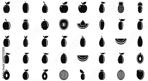 Vibrant collection of fresh fruit icons for healthy eating and food design projects