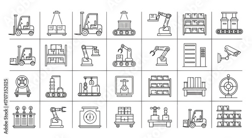 Modern factory automation icons depicting robots, forklifts, conveyor belts, and storage for industry.
